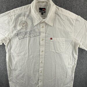 Quiksilver XL Graphic Print Short Sleeve White Shirt Skate Men Pocket Button Up